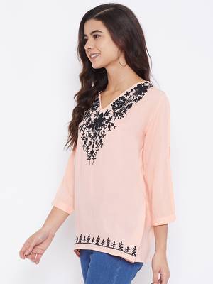 Sethi Daughters - Women Peach Colored Casual Embroidered Rayon Short Kurti 4