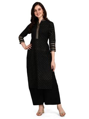 Women's Black Viscose Rayon Straight Foil Print Stitched Kurta With Palazzo 2