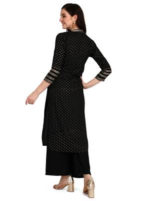 Women's Black Viscose Rayon Straight Foil Print Stitched Kurta With Palazzo 3