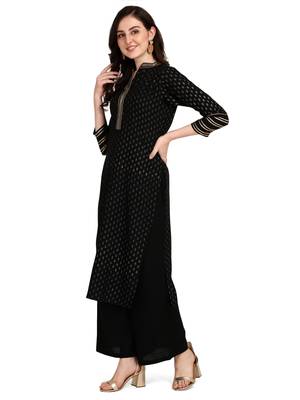 Women's Black Viscose Rayon Straight Foil Print Stitched Kurta With Palazzo 4