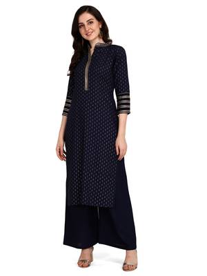 Women's Navy Blue Viscose Rayon Straight Foil Print Stitched Kurta With Palazzo 1