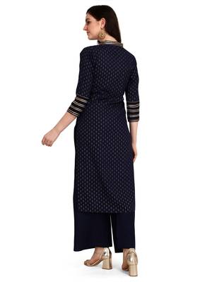 Women's Navy Blue Viscose Rayon Straight Foil Print Stitched Kurta With Palazzo 3