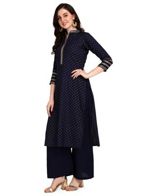 Women's Navy Blue Viscose Rayon Straight Foil Print Stitched Kurta With Palazzo 4