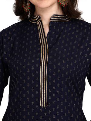 Women's Navy Blue Viscose Rayon Straight Foil Print Stitched Kurta With Palazzo 5