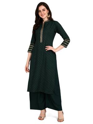 Women's Green Viscose Rayon Straight Foil Print Stitched Kurta With Palazzo 1