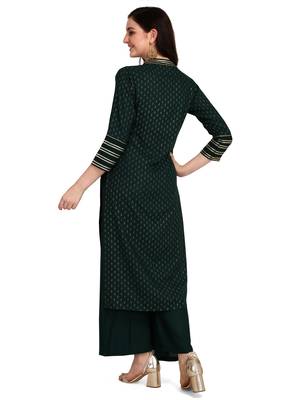 Women's Green Viscose Rayon Straight Foil Print Stitched Kurta With Palazzo 3