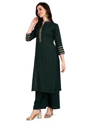 Women's Green Viscose Rayon Straight Foil Print Stitched Kurta With Palazzo 4