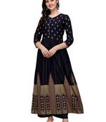 Women's Navy Blue Viscose Rayon Anarkali Foil Print Stitched Kurta With Palazzo