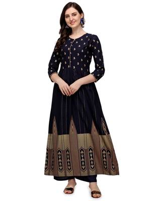 Women's Navy Blue Viscose Rayon Anarkali Foil Print Stitched Kurta With Palazzo 2