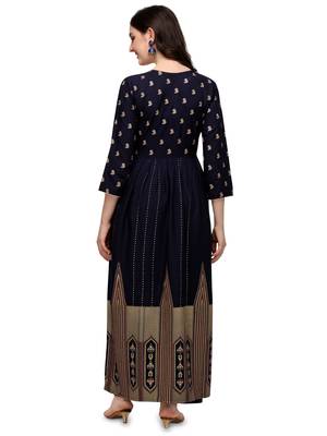 Women's Navy Blue Viscose Rayon Anarkali Foil Print Stitched Kurta With Palazzo 3