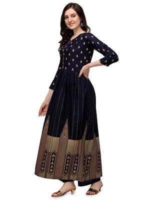 Women's Navy Blue Viscose Rayon Anarkali Foil Print Stitched Kurta With Palazzo 4