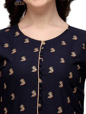 Women's Navy Blue Viscose Rayon Anarkali Foil Print Stitched Kurta With Palazzo 5