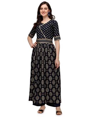 Women's Navy Blue Viscose Rayon Anarkali Foil Print Stitched Kurta With Palazzo 1