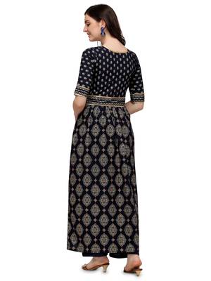 Women's Navy Blue Viscose Rayon Anarkali Foil Print Stitched Kurta With Palazzo 3