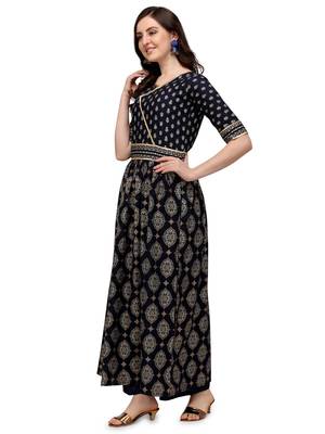 Women's Navy Blue Viscose Rayon Anarkali Foil Print Stitched Kurta With Palazzo 4
