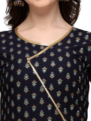 Women's Navy Blue Viscose Rayon Anarkali Foil Print Stitched Kurta With Palazzo 5
