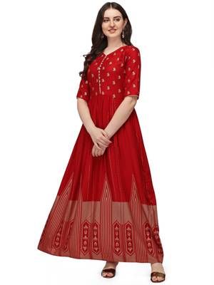 Women's Red Rayon Foil Printed Stitched Anarkali Kurta(KTN 1
