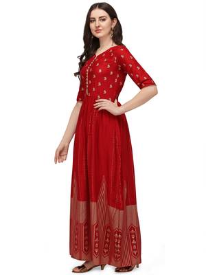 Women's Red Rayon Foil Printed Stitched Anarkali Kurta(KTN 4