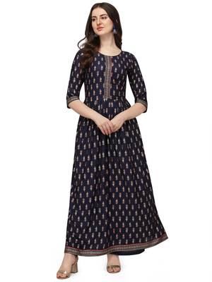 Women's Navy Blue Rayon Foil Printed Stitched Anarkali Kurta(KTN-326 1