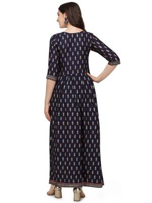 Women's Navy Blue Rayon Foil Printed Stitched Anarkali Kurta(KTN-326 3