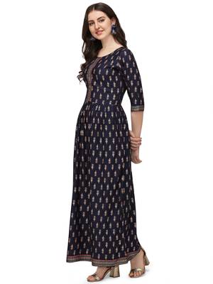 Women's Navy Blue Rayon Foil Printed Stitched Anarkali Kurta(KTN-326 4