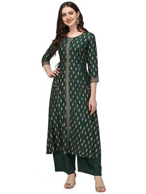 Women's Dark Green Rayon Foil Printed Stitched Anarkali Kurta(KTN-328 1