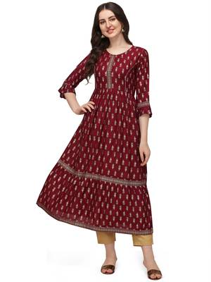 Women's Maroon Rayon Foil Printed Stitched Anarkali Kurta(KTN-329 1