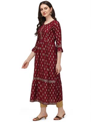 Women's Maroon Rayon Foil Printed Stitched Anarkali Kurta(KTN-329 4