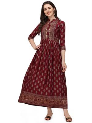 Women's Maroon Rayon Foil Printed Stitched Anarkali Kurta(KTN-330 2
