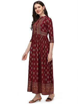 Women's Maroon Rayon Foil Printed Stitched Anarkali Kurta(KTN-330 3