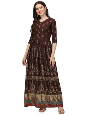 Women's Brown Rayon Foil Printed Stitched Anarkali Kurta(KTN-331 1