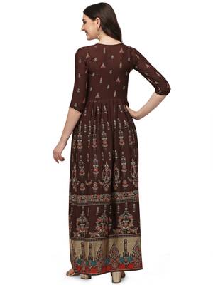 Women's Brown Rayon Foil Printed Stitched Anarkali Kurta(KTN-331 3