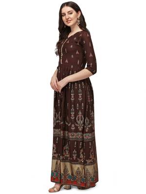 Women's Brown Rayon Foil Printed Stitched Anarkali Kurta(KTN-331 4