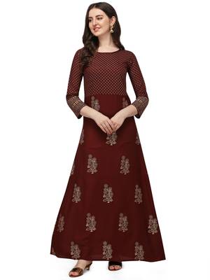 Women's Brown Rayon Foil Printed Stitched Anarkali Kurta(KTN-332 1