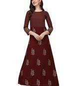 Women's Brown Rayon Foil Printed Stitched Anarkali Kurta(KTN-332