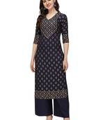 Women's Navy Blue Rayon Foil Printed Stitched Straight Kurta(KTN-333
