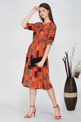 Red printed poly cotton short-dresses 2