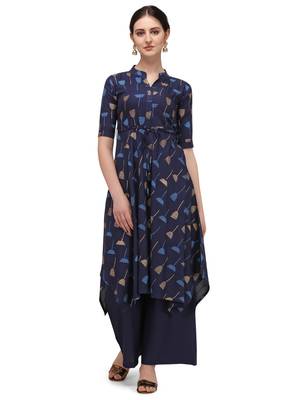 Navy Blue Rayon Printed Stitched Kurta 1
