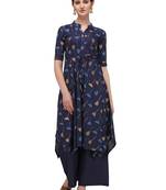Navy Blue Rayon Printed Stitched Kurta