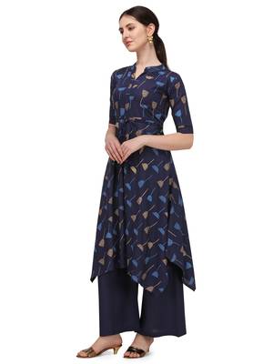 Navy Blue Rayon Printed Stitched Kurta 4