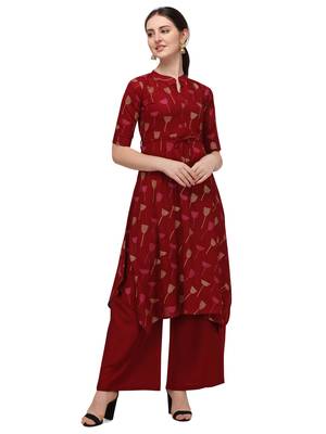 Maroon Rayon Printed Stitched Kurta 1
