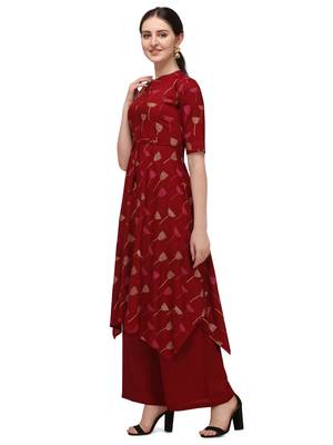 Maroon Rayon Printed Stitched Kurta 4