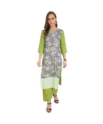 Green Crepe Floral Print Stitched Kurtas For Women 1