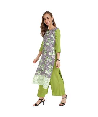 Green Crepe Floral Print Stitched Kurtas For Women 4