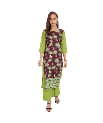 Green and Wine Crepe Floral Print Stitched Kurtas For Women 1