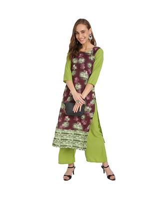 Green and Wine Crepe Floral Print Stitched Kurtas For Women 3