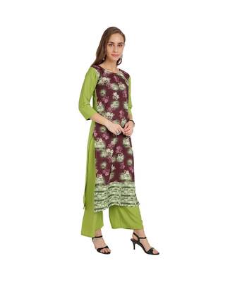 Green and Wine Crepe Floral Print Stitched Kurtas For Women 4