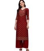 Women's Maroon Viscose Rayon Straight Foil Print Stitched Kurta With Palazzo