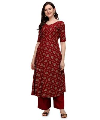 Women's Maroon Viscose Rayon Straight Foil Print Stitched Kurta With Palazzo 1