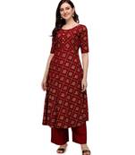 Women's Maroon Viscose Rayon Straight Foil Print Stitched Kurta With Palazzo